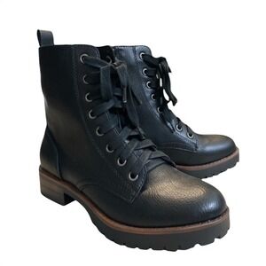 Kensie Willa Black Combat Boots Lace Up Side Zip Lug Sole Ankle KS213830 W 6.5